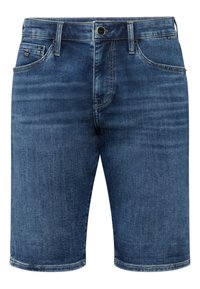 Shorts en denim bleu foncé, avec un design classique à cinq poches, coupe droite et un ourlet se terminant au niveau du genou avec un léger délavage.