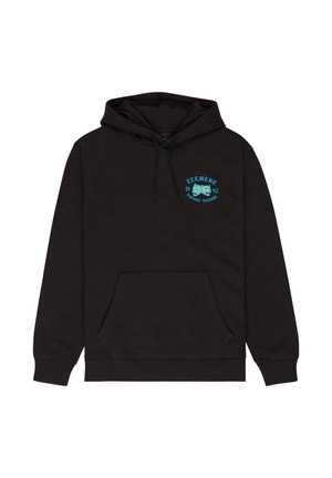 Zwarte hoodie met een voorzak en blauwe opdruk op de borst met de tekst "Element 1992 The Pure Nature" in een bloemdesign.