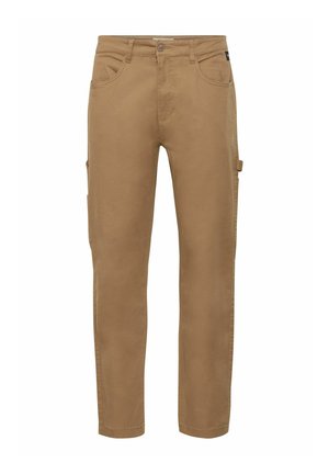 Khaki cargo bukser lavet af en bomuldsblandingsstof, med sidelommer, knaplukning og lige ben. Glat tekstur.