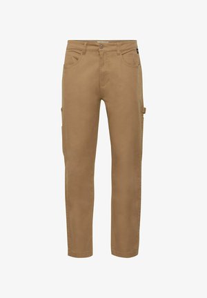 Khaki cargo kalhoty vyrobené z blendu bavlny, s bočními kapsami, zapínáním na knoflík a rovnými nohavicemi. Hladká textura.