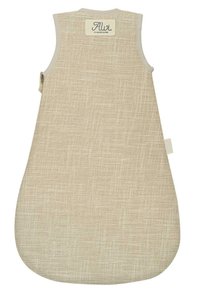 Beige Schlafsack für Babys mit einem strukturierten Webmuster, ärmellosem Design und abgerundetem Boden; verfügt über einen Reißverschluss und ein Etikett.