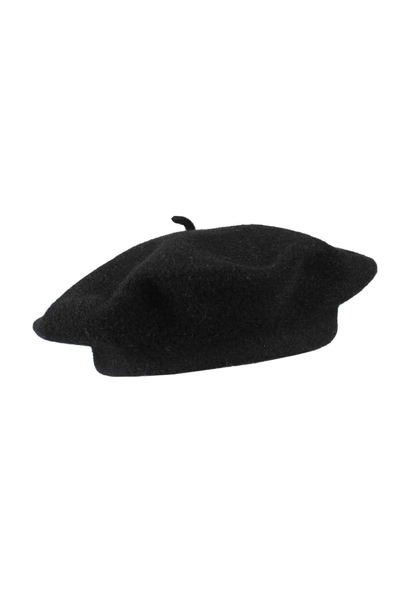 Beret negru din fetru moale, cu o formă circulară plată și o mică buclă în vârf. Textură netedă, fără modele sau accente vizibile.