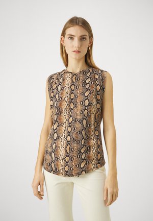 Top senza maniche con stampa a serpente in tonalità di marrone e beige. Tessuto morbido con scollatura rotonda e vestibilità comoda.