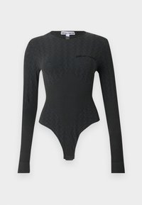 Μαύρο μακρυμάνικο εφαρμοστό κορμάκι με υφασμένο σχέδιο, στρογγυλό λαιμόκοψη και μικρό λογότυπο "SINÉAD O'DWYER" στο στήθος.