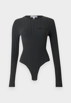 Body noir à manches longues ajusté avec motif texturé, encolure ronde et petit logo "SINÉAD O'DWYER" sur la poitrine.