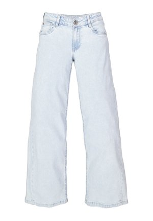 Jean large bleu clair en denim, avec une fermeture à bouton à l'avant, des passants de ceinture et deux poches latérales avec une texture décolorée.