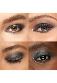 Neljä lähikuvaa silmistä, joissa on tummahkoa harmaata luomiväriä, erilaisia rajauskynätyylejä ja vaihtelevat ripsien pituudet. Hillitty kimallus ja selkeät kulmakarvat.