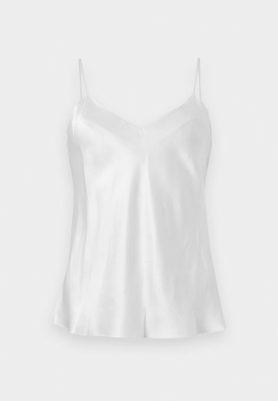 Haut camisole en satin blanc avec fines bretelles spaghetti et décolleté en V, présenté à plat sur un fond neutre.