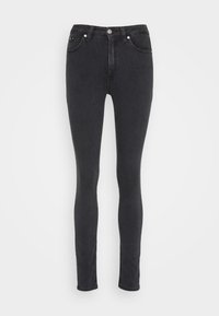 Zwarte skinny jeans van denim, met een klassiek vijf-pocket ontwerp, hoge taille en een rits- en knoopsluiting.