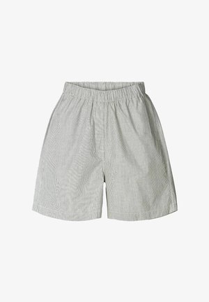 Gray and white striped shorts with an elastic waistband and a relaxed fit, made from lightweight fabric, featuring a smooth texture.