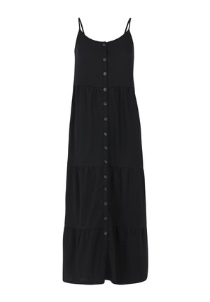 Zwarte maxi jurk met dunne bandjes, knoopsluiting aan de voorkant, gelaagd ontwerp en een textuurstof. Heeft een vloeiende silhouet en een knielange zoom.