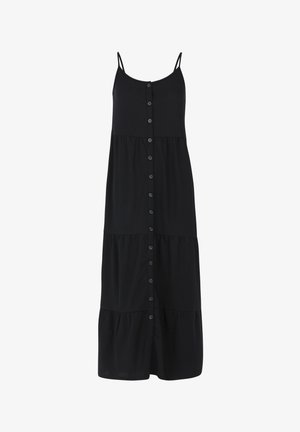 Black maxi dress with thin straps, button front, tiered design, and a textured fabric. Features a flowing silhouette and knee-length hem.