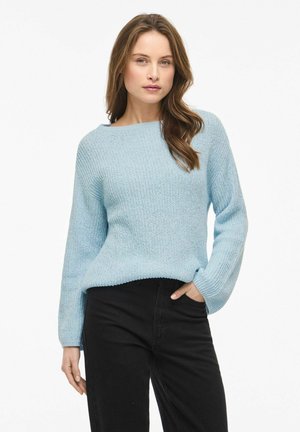 Kvinde med langt brunt hår iført en lyseblå strikket sweater og sorte bukser, stående med den ene hånd i lommen mod hvid baggrund.