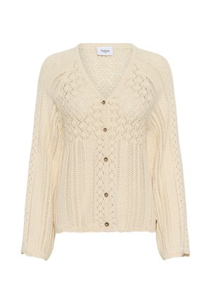 Cardigan tricoté de couleur crème avec col en V, fermeture à boutons et motifs ajourés complexes sur le devant et les manches.