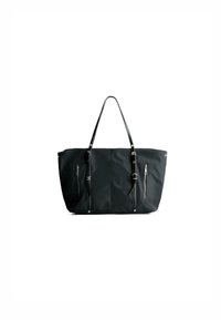 Black tote bag made of nylon with two side zip pockets, smooth texture, long handles, and silver hardware for closures and accents.