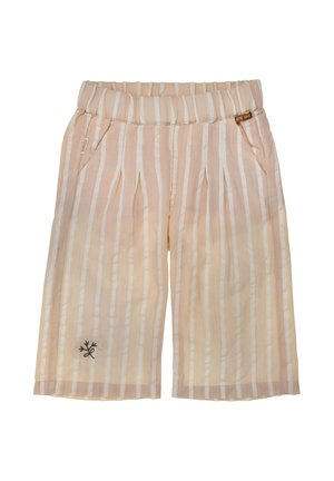 Beige and white vertical striped wide-leg shorts with elastic waistband, side pockets, and small floral embroidery near hem.