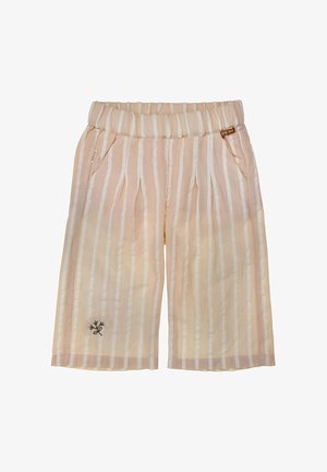 Beige and white vertical striped wide-leg shorts with elastic waistband, side pockets, and small floral embroidery near hem.