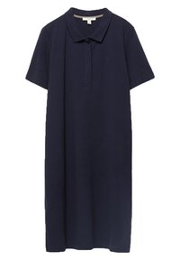 Robe polo bleu marine à manches courtes avec col et patte de boutonnage, longueur genou, en tissu doux.