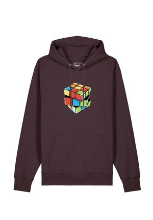 Dunkelbrauner Hoodie mit Fronttasche und einem pixeligen, mehrfarbigen Rubik's Cube Design in der Mitte.