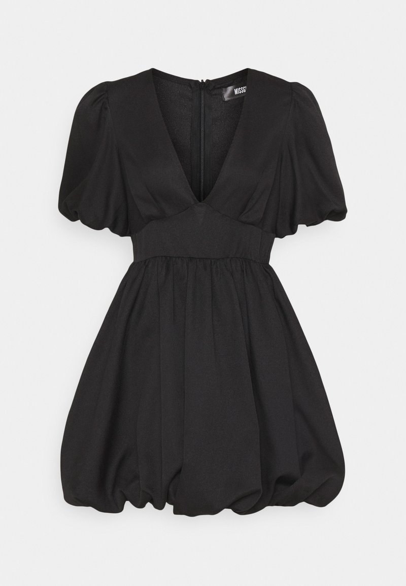 Robe courte noire avec manches ballons, profond décolleté en V, taille cintrée et détail ourlet bulle, présentée à plat sur fond blanc.