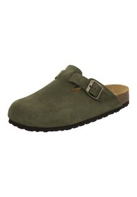 Green suede clogs with a molded cork footbed, open back, adjustable buckle strap, and textured rubber outsole for grip.