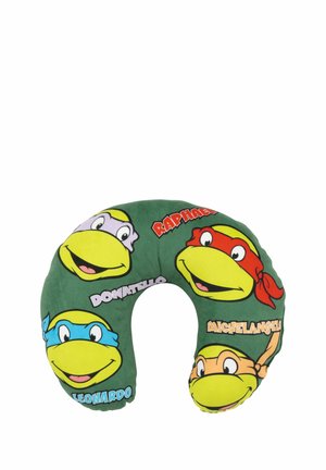 Teenage Mutant Ninja Turtles-themed neck pillow with a green fabric cover, featuring cartoon faces of four turtles and their names.