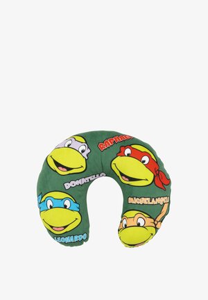 Teenage Mutant Ninja Turtles-themed neck pillow with a green fabric cover, featuring cartoon faces of four turtles and their names.
