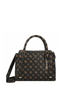 Borsa sintetica nera con motivo logo marrone, doppio manico superiore, tracolla staccabile, hardware in tono argento e chiusura con zip.