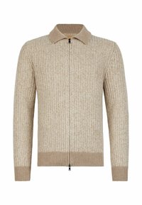 Beige stickad cardigan med dragkedja, ribbat mönster och kontrasterande krage. Har långa ärmar och en figurnära midja.