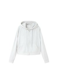 Sweat à capuche gris clair zippé avec capuche, poches avant et manches longues sur fond blanc.