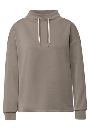 Sweat-shirt gris clair avec un col montant, une fermeture à cordon de serrage et des manches longues. Texture lisse et coupe décontractée.