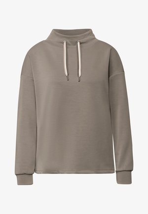 Jasnoszara bluza z wysokim kołnierzem, ściągaczem ze sznurkiem i długimi rękawami. Gładka faktura i luźny krój.