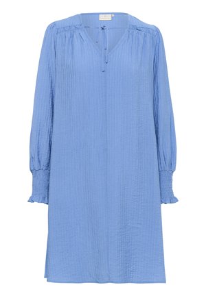 Knappe blauwe jurk met lange mouwen, v-hals, geplooide schouders en elastische manchetten. Gestructureerde stof met een ontspannen pasvorm, knielange ontwerp.