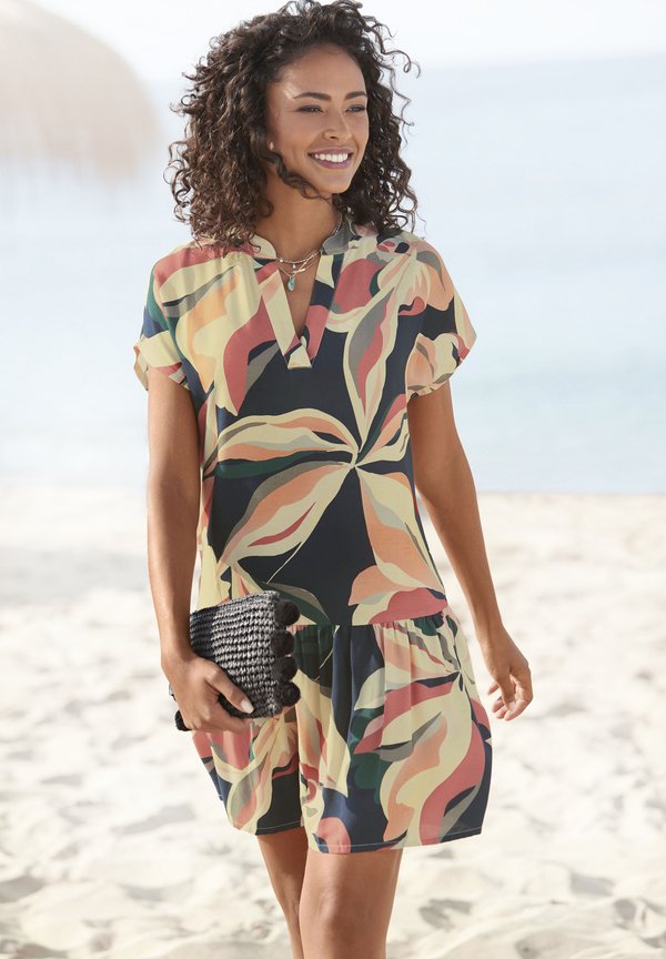 Freizeitkleid - marine koralle bedruckt
