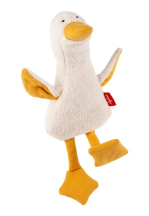 Soft white and yellow duck plush toy with outstretched wings, orange beak, legs, and feet, standing upright on a white background.