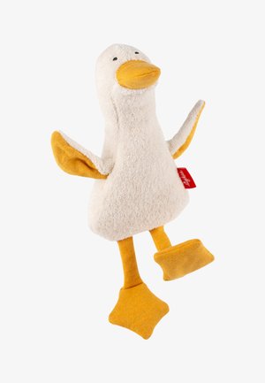 Weiches weißes und gelbes Enten-Plüschtier mit ausgestreckten Flügeln, orangefarbenem Schnabel, Beinen und Füßen, aufrecht stehend vor weißem Hintergrund.