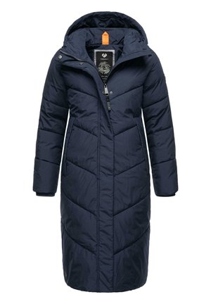 Navy puffer coat with a hood, featuring chevron stitching, a zip closure, and front pockets. Made from a smooth, insulated material.