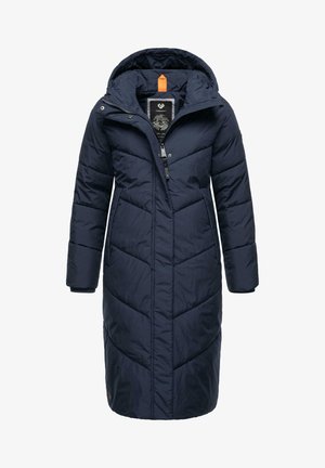 Cappotto imbottito blu navy con cappuccio, caratterizzato da cuciture a zig zag, chiusura con zip e tasche anteriori. Realizzato in un materiale liscio e isolante.