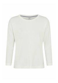 Witte longsleeve top van een zachte stof. Kenmerkt zich door een ronde halslijn en een rechte zoom met een subtiele logo-accent aan de onderkant links.