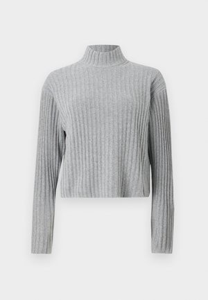 Halli hallhargune kõrge kaelusega kampsun pikkade varrukatega, lühendatud hemiga, pehme tekstuuriga ja lähedalt lõigatud disainiga. Ilma nähtava riistvarata või mustriteta.