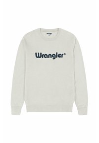 Felpa grigia chiara in cotone, con colletto rotondo e maniche lunghe. Logo "Wrangler" blu navy in evidenza sulla parte anteriore.
