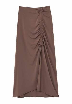 Brown, knee-length skirt features ruched detailing along the front, cinched at the waist, with a flowing, asymmetrical hem.