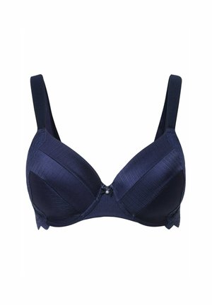Soutien-gorge bleu marine en tissu lisse et côtelé avec des accents en dentelle. Soutien-gorge avec armatures, bretelles ajustables et un petit ornement décoratif au centre.