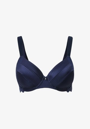 Navy-blauer BH aus glattem, geripptem Stoff mit Spitze Akzenten. Mit Bügelunterstützung, verstellbaren Trägern und einer kleinen dekorativen Verzierung in der Mitte.