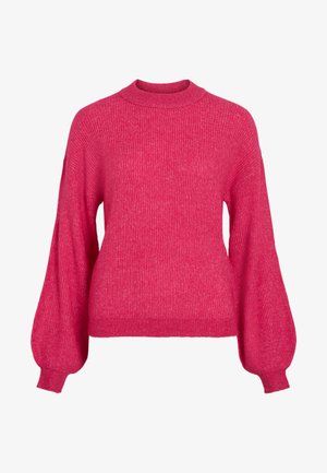 Rozā adīts džemperis ar apaļu izgriezumu, gariem pūderveida piedurknēm un ribota auduma tekstūru. Ikdienišķs dizains ar piegulošu vidukļa daļu.