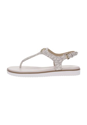 Infradito da donna beige e bianca con cinturini decorati, fibbia dorata e suola imbottita bianca.