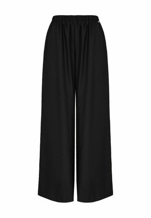 Pantaloni neri a gamba larga realizzati in tessuto leggero con una cintura elastica. Texture liscia, senza motivi visibili o decorazioni.