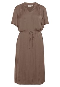 Brown, short-sleeved dress with a V-neck, cinched waist, and tie detail; features a subtle polka dot pattern and smooth texture.