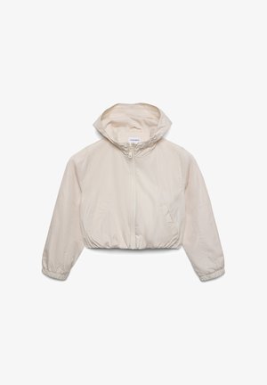 Giacca corta con cappuccio in beige chiaro, realizzata in tessuto sintetico liscio. Dotata di cerniera frontale e due tasche laterali con polsini elastici.