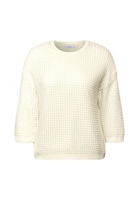 Cremfarbener Pullover mit einem strukturierten Waffelstrickmuster, lockerer Passform, gerundetem Halsausschnitt und dreiviertellangen Ärmeln.